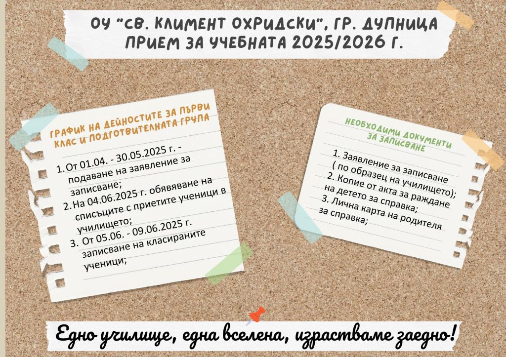 Стартира приема за ПГ и I клас - ОУ Св. Климент Охридски - Дупница